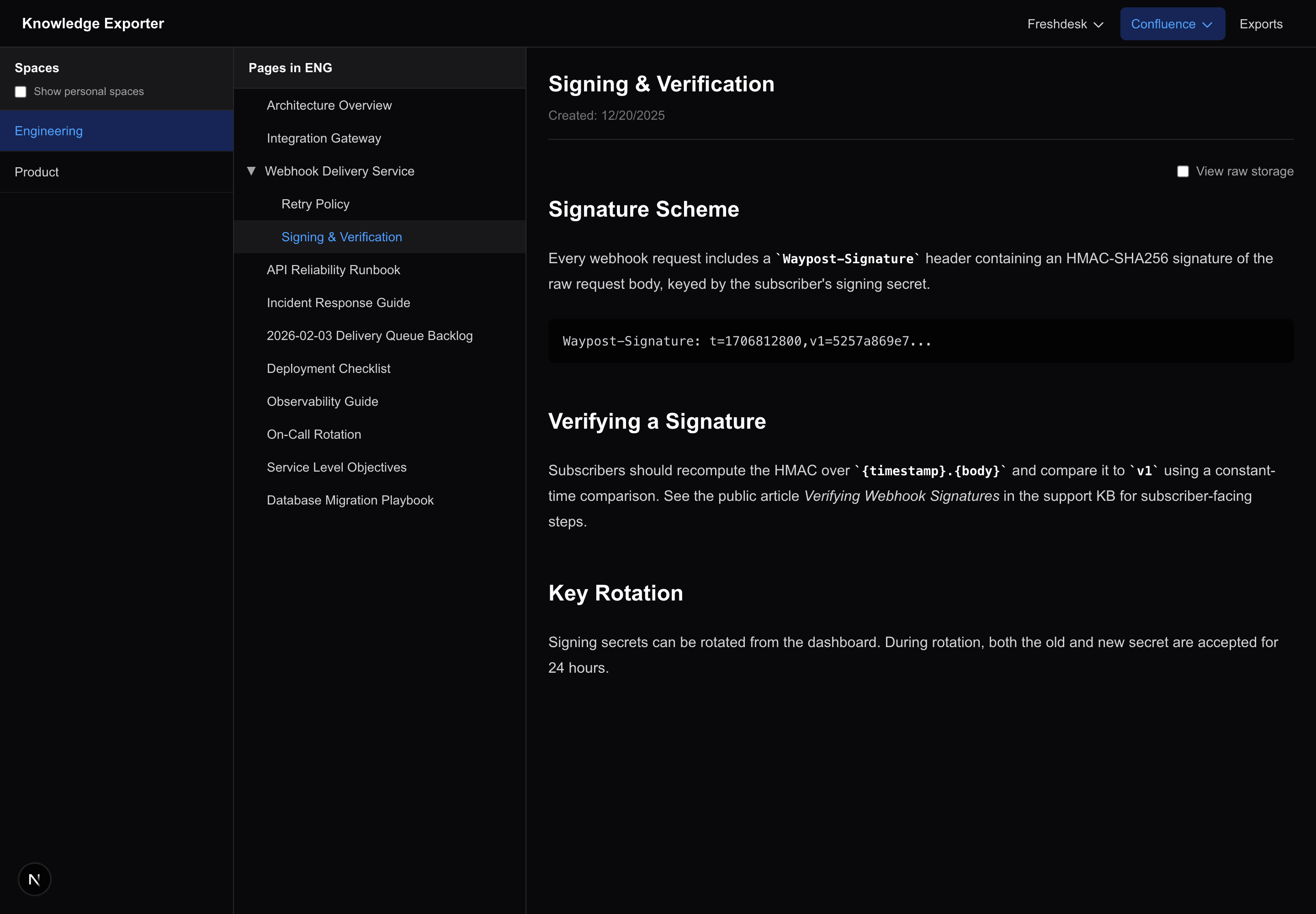 Confluence Explore view of the Engineering space, showing a nested page tree with Webhook Delivery Service expanded into Retry Policy and Signing & Verification child pages, and the Signing & Verification page rendered on the right.