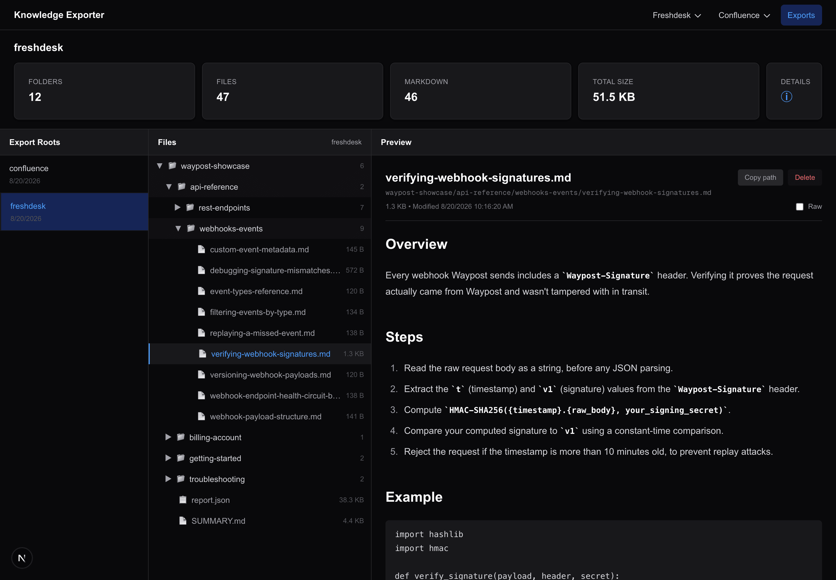 Exports inventory for the freshdesk export root showing 12 folders, 47 files, 46 Markdown documents, and 51.5 KB total size, alongside a file tree and a rendered Markdown preview of 'Verifying Webhook Signatures.'