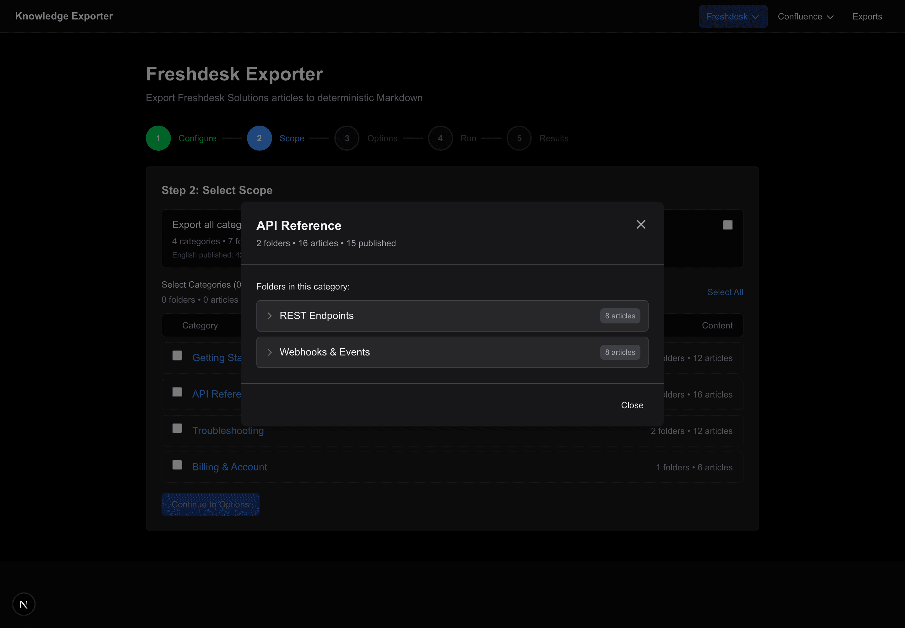 Freshdesk Exporter scope-selection step showing four categories with folder and article counts, and an API Reference category peek listing REST Endpoints and Webhooks & Events folders with their article counts.