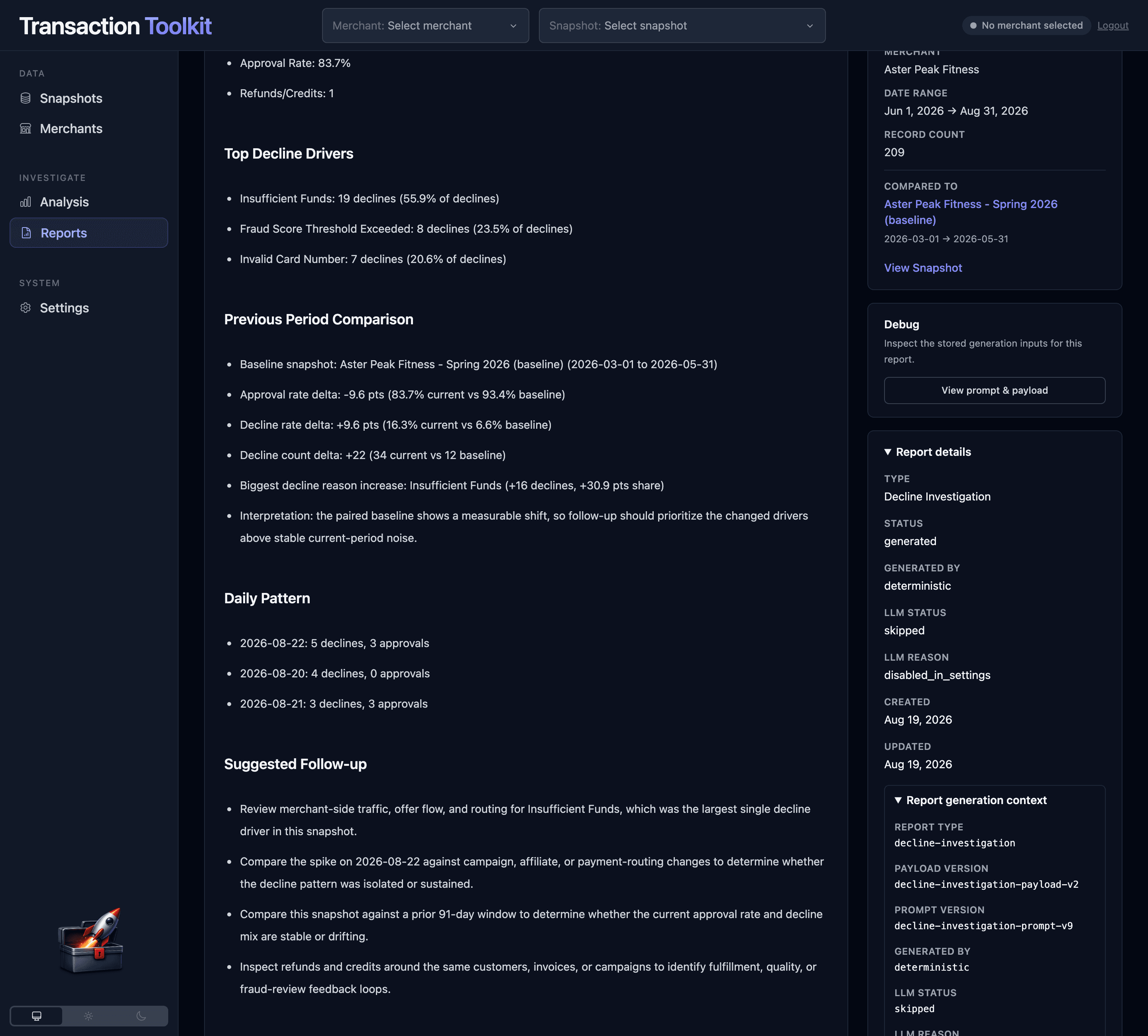 Decline Investigation report for Aster Peak Fitness with Top Decline Drivers and Previous Period Comparison findings, alongside a sidebar showing Generated By: deterministic, LLM Status: skipped, and versioned payload/prompt identifiers.
