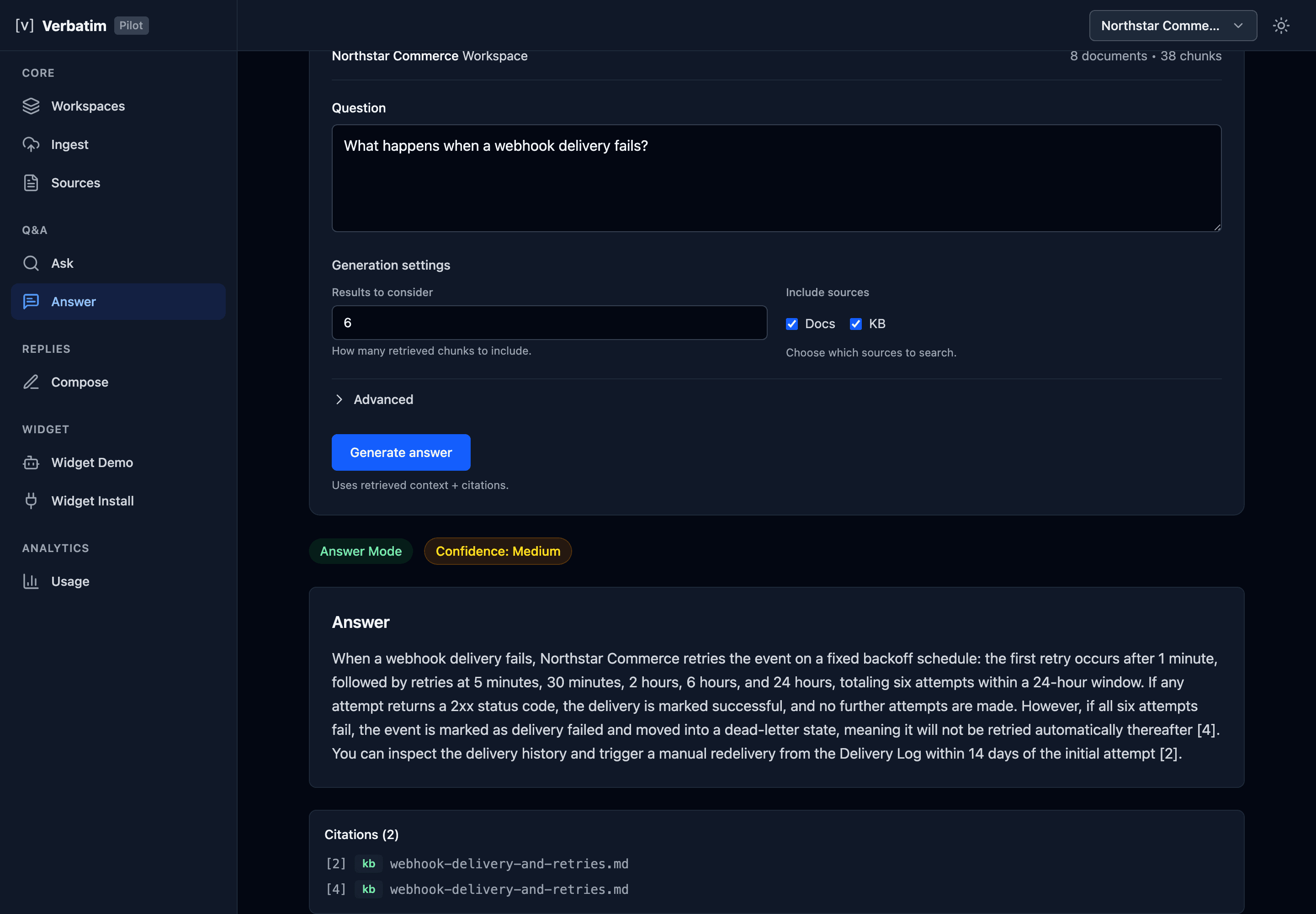Verbatim's Answer view: a question about webhook delivery failures, a generated answer with inline [2] and [4] citation markers, an Answer Mode badge, and a Confidence: Medium indicator, followed by a Citations list resolving each marker to its source.