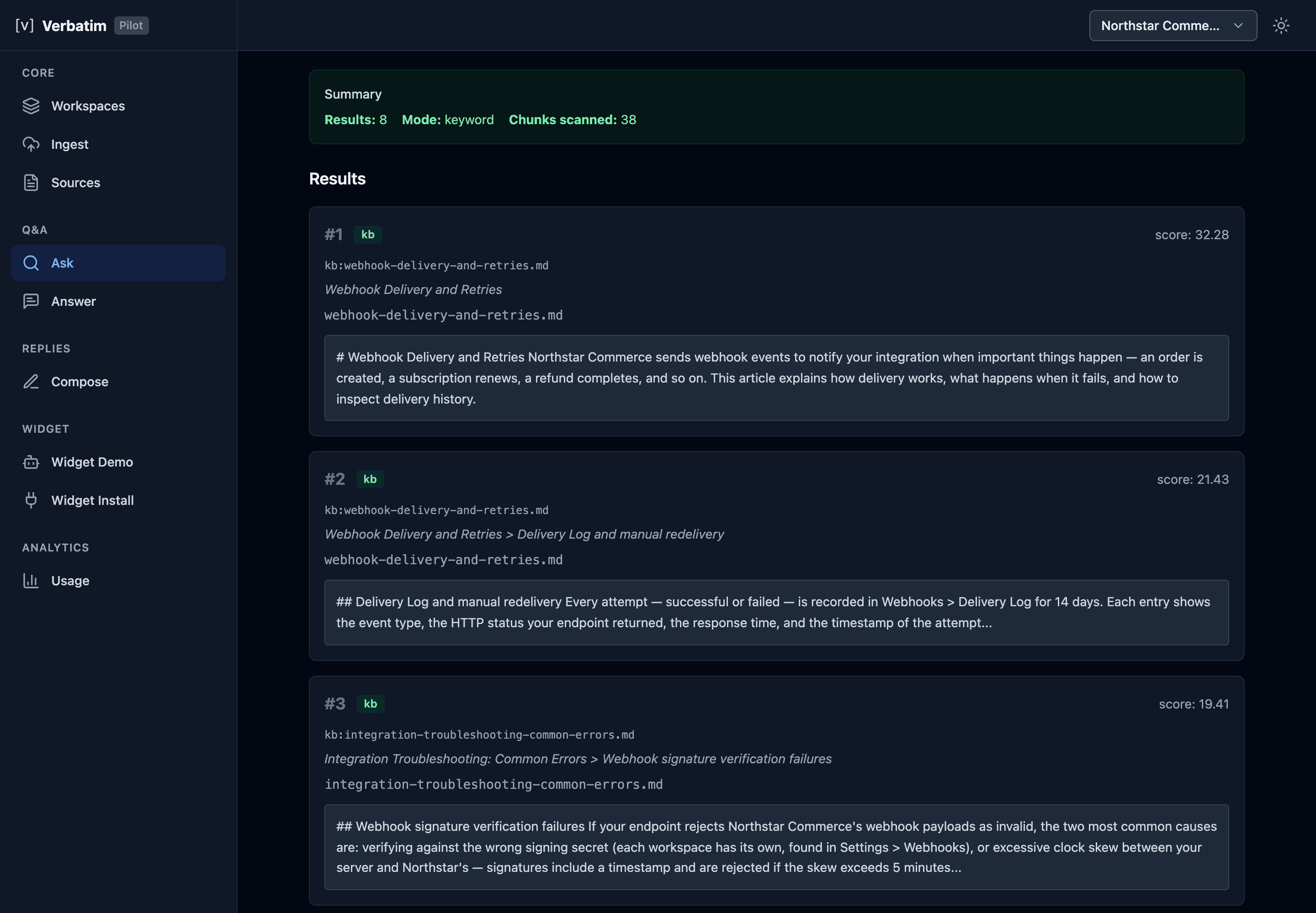 Ask view showing eight keyword-retrieval results ranked by score, each with its source document, heading path, and a matched excerpt.