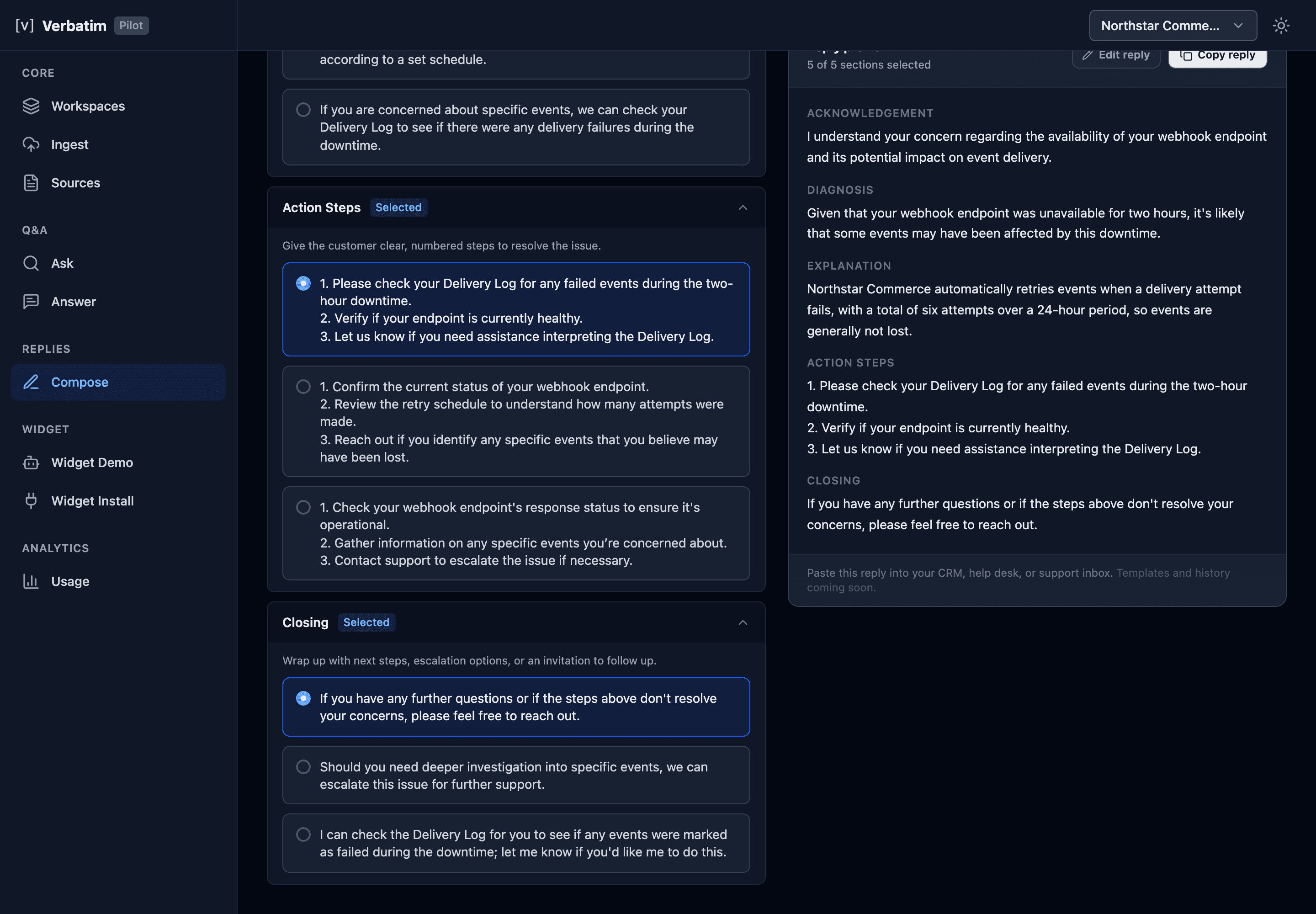 Reply Composer showing a two-panel workflow: generated reply sections (acknowledgement, diagnosis, explanation, action steps, closing) with alternate choices on the left, assembled into a single customer-ready reply on the right.