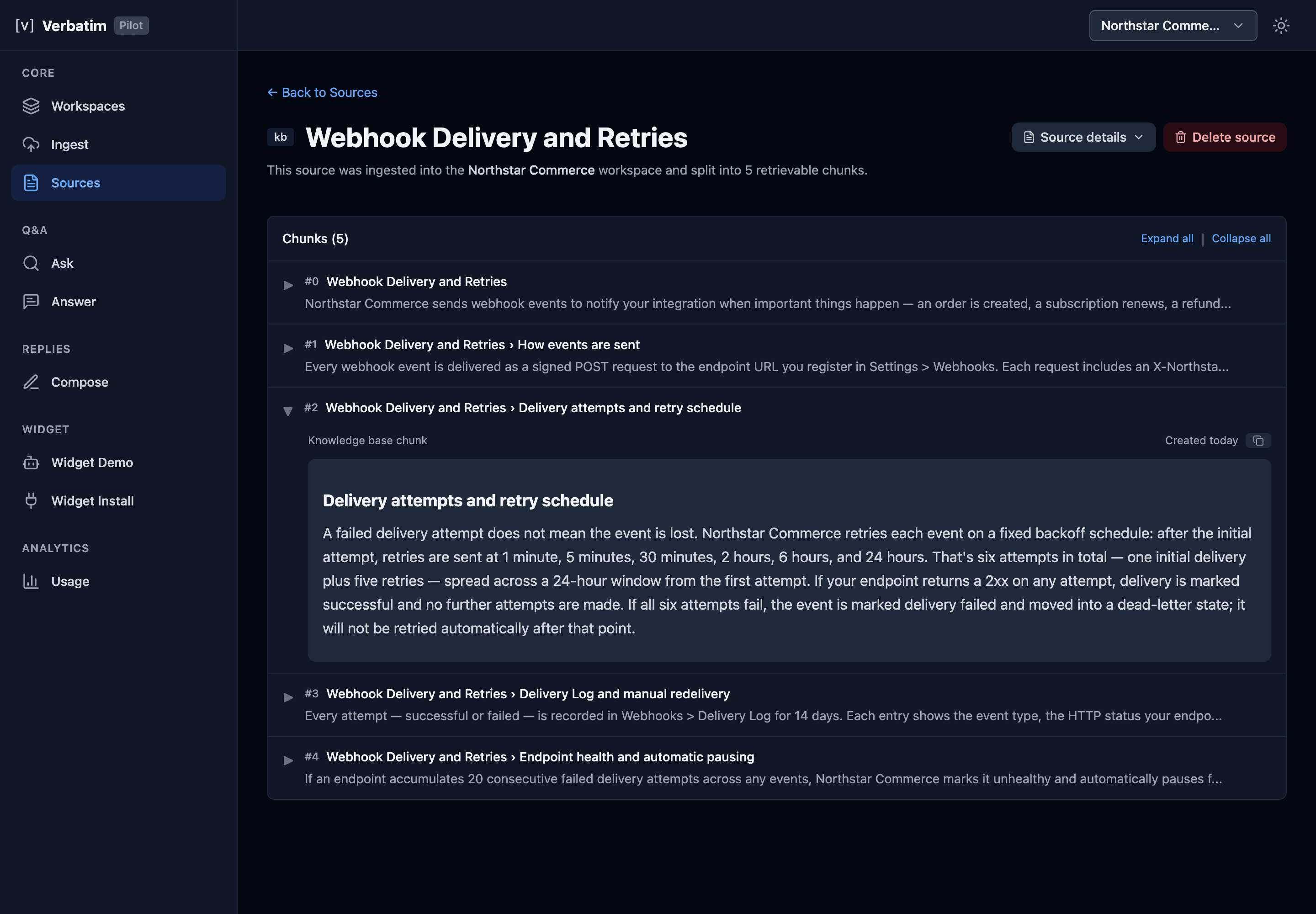 Source detail view for 'Webhook Delivery and Retries,' showing the document split into five chunks, each with a heading path, and one chunk expanded to show its full content.